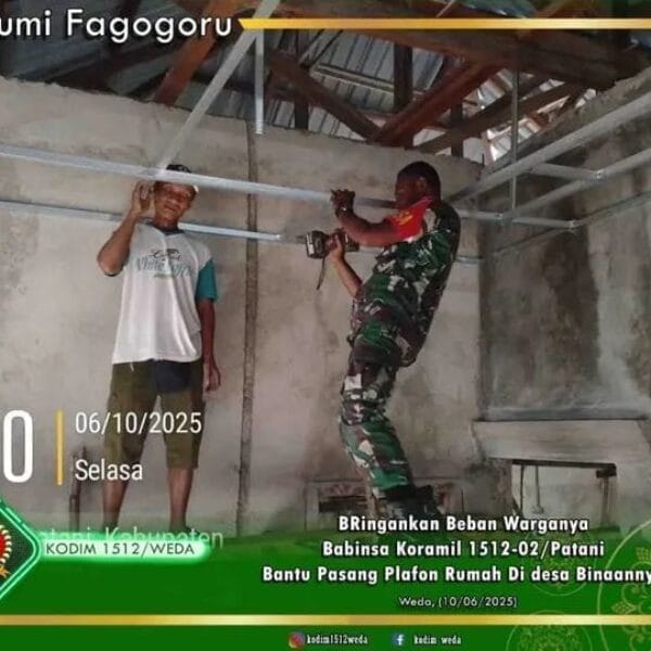 Ringankan Beban Warganya, Babinsa Koramil 1512-02/Patani Bantu Pasang Plafon Rumah Di desa Binaannya