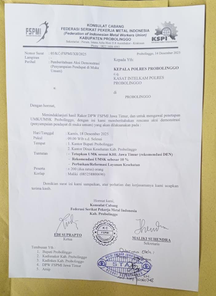 Ratusan Buruh FSPMI Akan Gelar Aksi Demo Didepan Kantor Bupati Probolinggo Dan Dinas Kesehatan