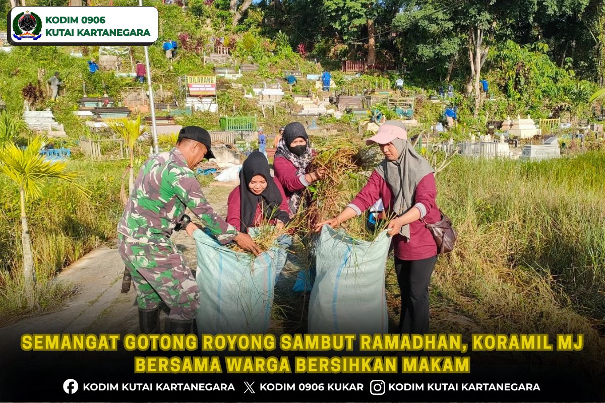 Semangat Gotong Royong Sambut Ramadhan, Koramil MJ Bersama Warga Bersihkan Makam