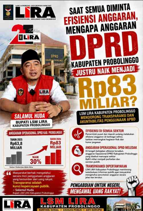 LIRA Soroti Kenaikan Anggaran Operasional DPRD Kabupaten Probolinggo Yang Capai Rp 83 Miliar LIRA Soroti Kenaikan Anggaran Operasional DPRD Kabupaten Probolinggo Yang Capai Rp 83 Miliar